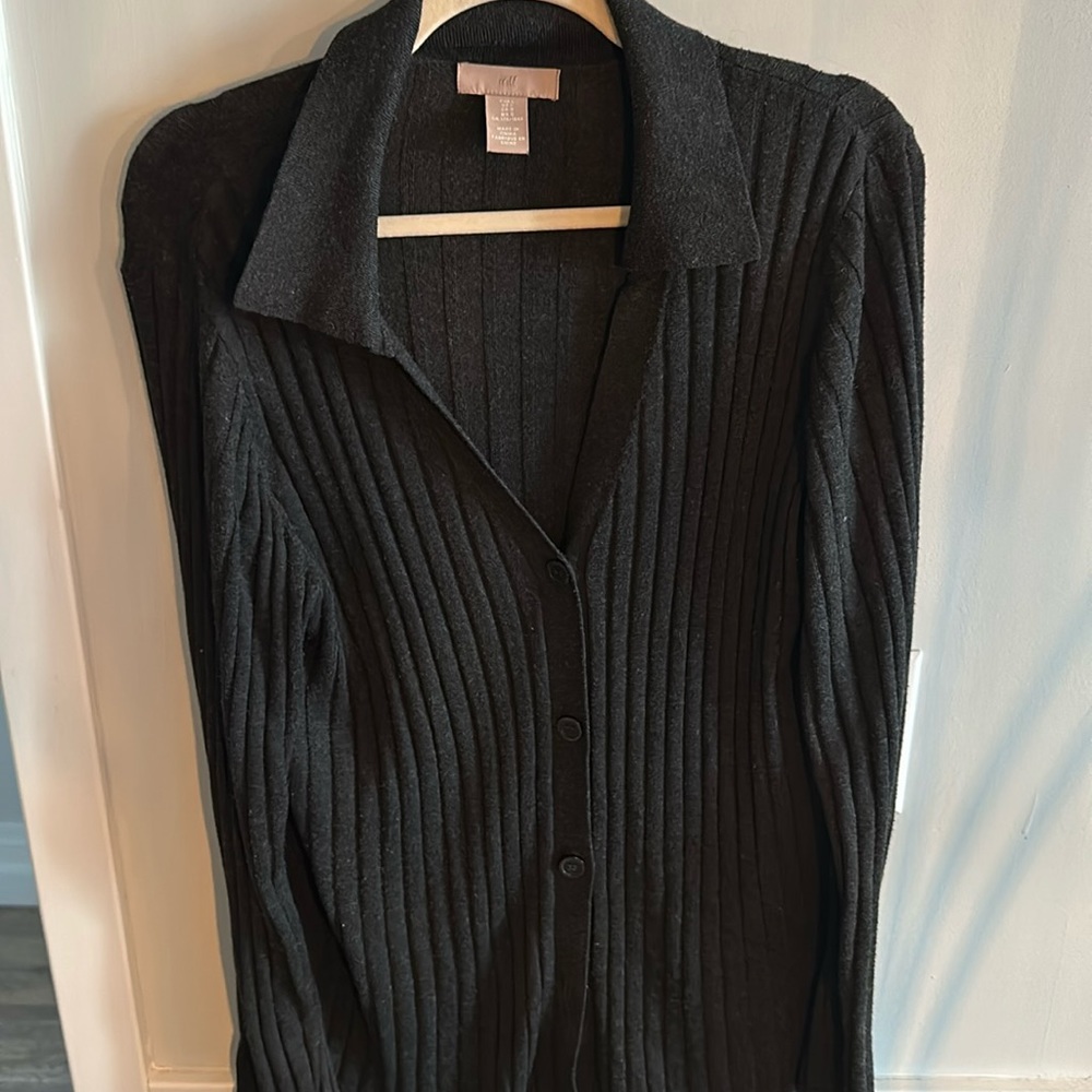 Dark Grey Long Collared Cardigan Sweater